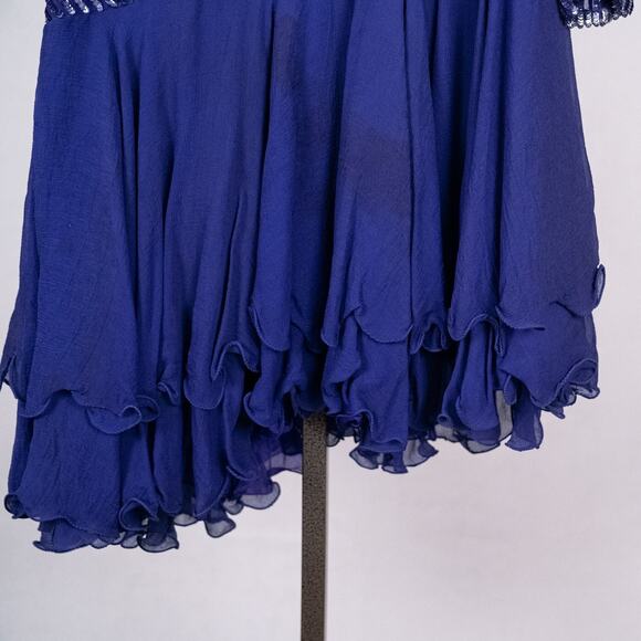 Vintage 80s Beaded Silk Cocktail Dress Women's SMALL Ruffle Asymmetric Hem Blue - Picture 3 of 9